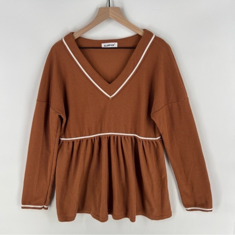EoMENIE Womens‎ Size L Waffle Knit V-Neck Long Sleeve Swing Top
